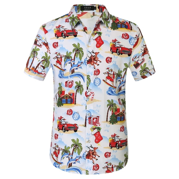 SSLR Mens Santa Claus Party Tropical Ugly Hawaiian Christmas Shirts