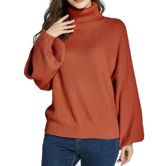 SSLR Oversized Sweaters for Women Turtleneck Sweater Drop Shoulder Knit Long Lantern Sleeve Pullover Sweater