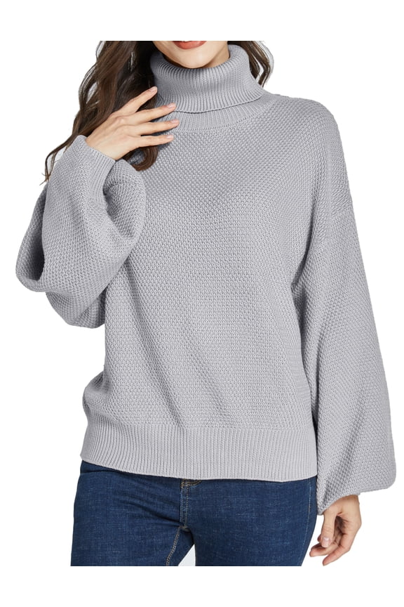 Oversized Sweaters for Women Turtleneck Sweater Drop Shoulder Knit Long Lantern Sleeve Pullover Sweater