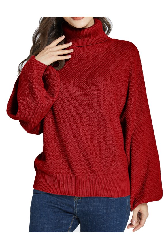 Oversized Sweaters for Women Turtleneck Sweater Drop Shoulder Knit Long Lantern Sleeve Pullover Sweater
