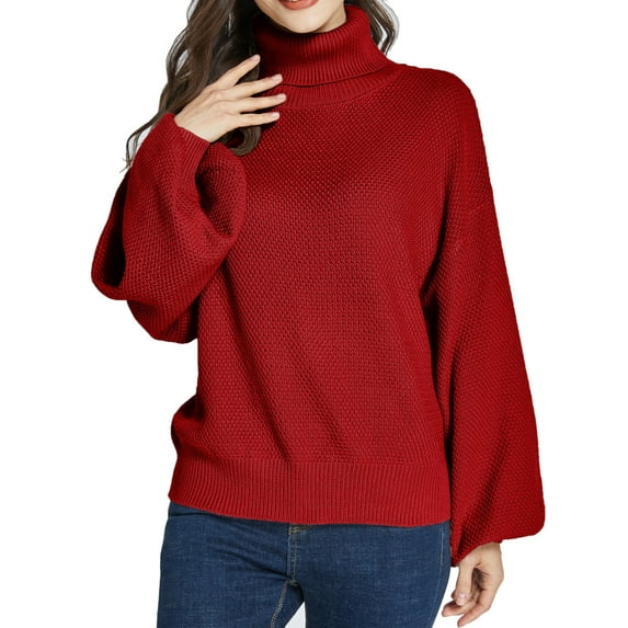 SSLR Oversized Sweaters for Women Turtleneck Sweater Drop Shoulder Knit Long Lantern Sleeve Pullover Sweater