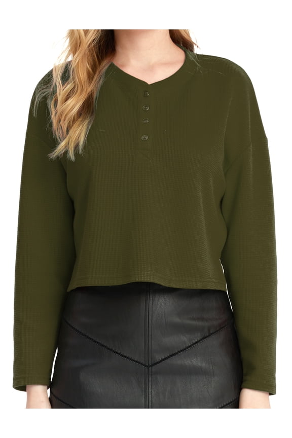 Oversized T-Shirts for Women Long Sleeve Crop Tops Henry Neck Waffle Ribbed Top