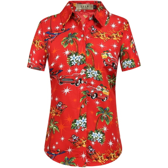 SSLR Women Santa Claus Ugly Hawaiian Christmas Shirts Tropical Aloha Beach Shirt Button Down Shirts