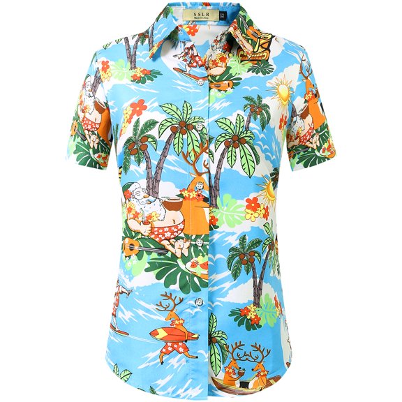 SSLR Women Santa Claus Ugly Hawaiian Christmas Shirts Tropical Aloha Beach Shirt Button Down Shirts