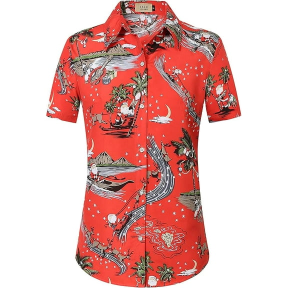 SSLR Women Santa Claus Ugly Hawaiian Christmas Shirts Tropical Aloha Beach Shirt Button Down Shirts