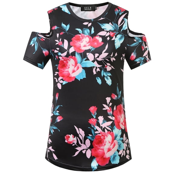 SSLR Women's T-Shirts Printed Short Sleeve Cold Shoulder Tops