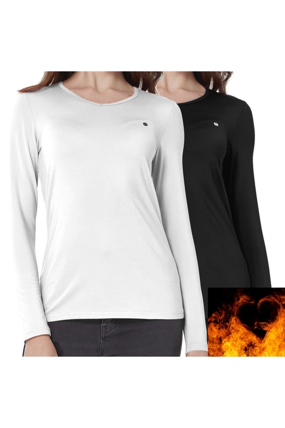 Women's Thermal Tops, Thermal Underwear for Women Long Sleeve Tee Shirts Basic Layering V Neck Fleece 2-Pack