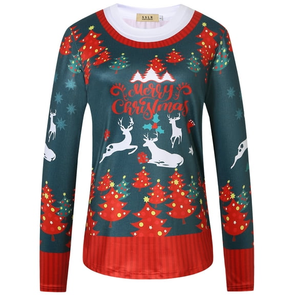 SSLR Women's Ugly Christmas Tee Crewneck Long Sleeve T-Shirt Funny Xmas Holiday Shirts