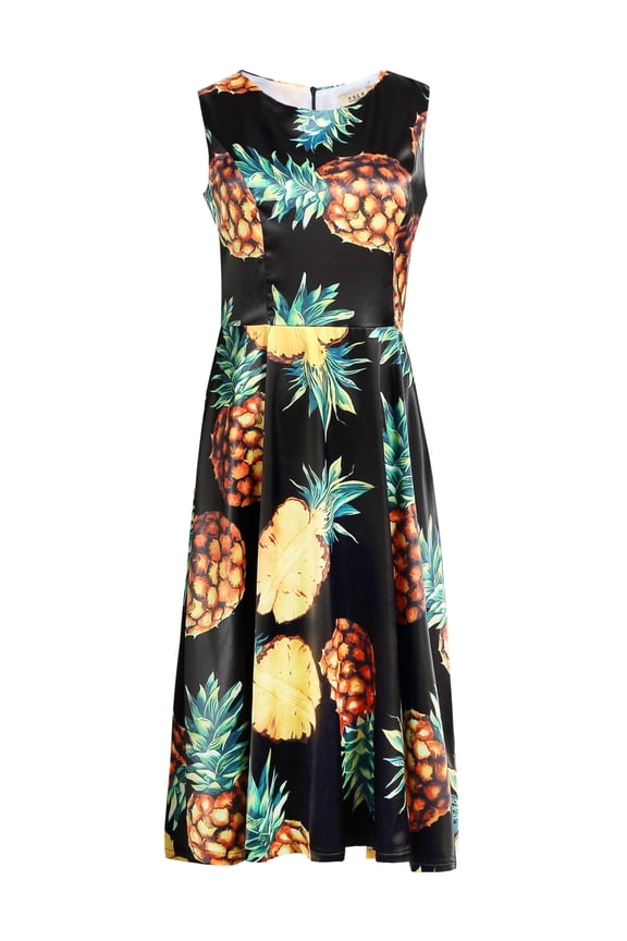 Womens 50s Sleeveless Vintage Crew Neck Casual Hawaiian Dress