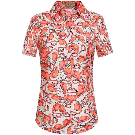 SSLR Womens Hawaiian Shirts Flamingo Short Sleeve Button Down Shirts Beach Aloha Tops