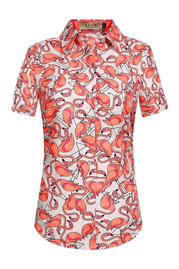 Womens Hawaiian Shirts Flamingo Short Sleeve Button Down Shirts Beach Aloha Tops