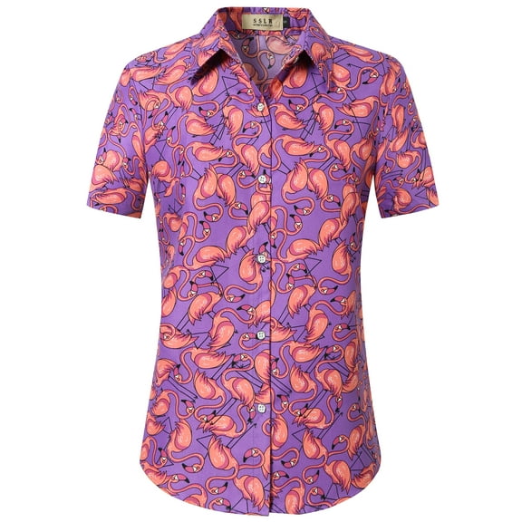 SSLR Womens Hawaiian Shirts Flamingo Short Sleeve Button Down Shirts Beach Aloha Tops