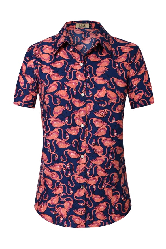 Womens Hawaiian Shirts Flamingo Short Sleeve Button Down Shirts Beach Aloha Tops
