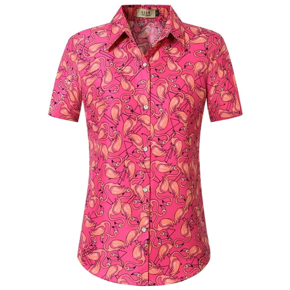 SSLR Womens Hawaiian Shirts Flamingo Short Sleeve Button Down Shirts Beach Aloha Tops