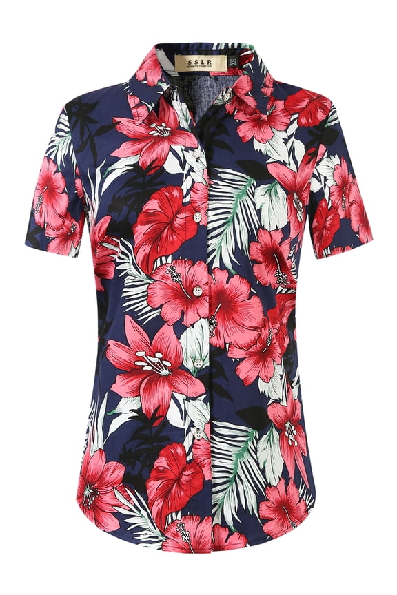 Womens Hawaiian Shirts Floral Blouses Short Sleeve Button Down Shirts