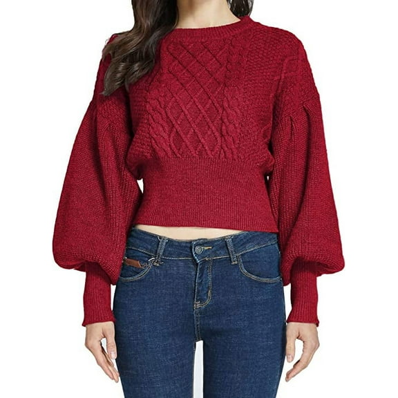 SSLR Womens Sweaters Oversized Crewneck Cropped Sweaters Long Lantern Sleeve Knitted Pullover Sweaters