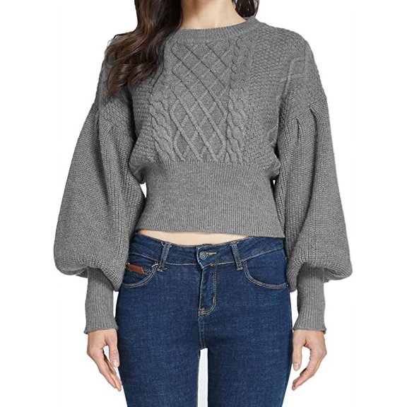 SSLR Womens Sweaters Oversized Crewneck Cropped Sweaters Long Lantern Sleeve Knitted Pullover Sweaters