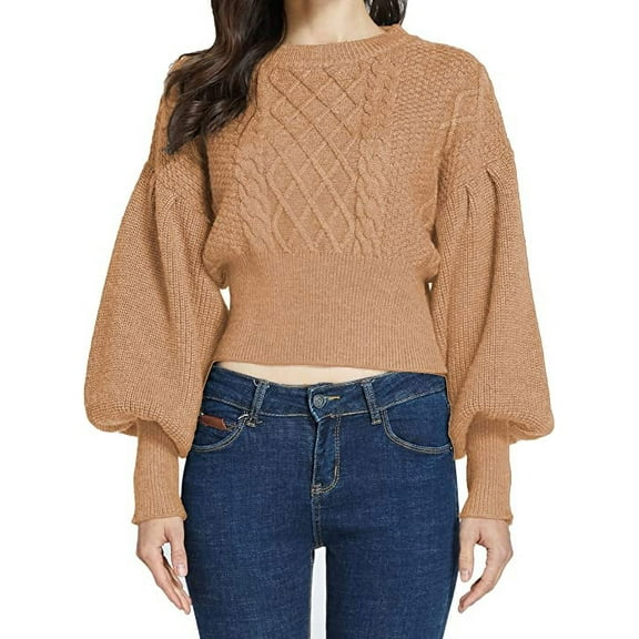 SSLR Womens Sweaters Oversized Crewneck Cropped Sweaters Long Lantern Sleeve Knitted Pullover Sweaters