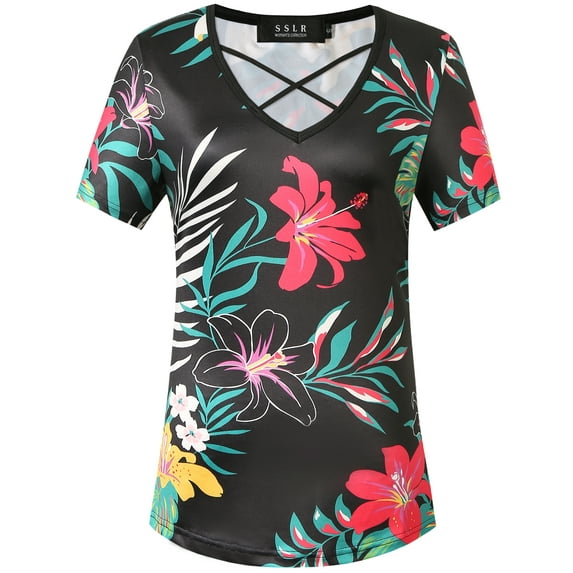 SSLR Womens T Shirts V Neck Criss Cross Floral Tee Short Sleeve T Shirt