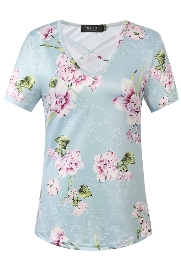 Womens T Shirts V Neck Criss Cross Floral Tee Short Sleeve T Shirt