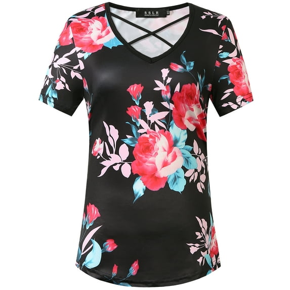 SSLR Womens T Shirts V Neck Criss Cross Floral Tee Short Sleeve T Shirt