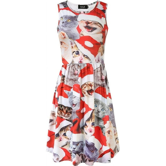 SSLR Womens Ugly Christmas Dress Xmas Printed A-Line Crewneck Sleeveless Christmas Party Dress