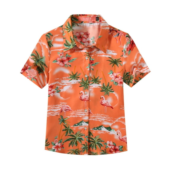 SSLR Youth Big Girls Flamingo Hawaiian Shirt Casual Short Sleeve Button Down Shirt