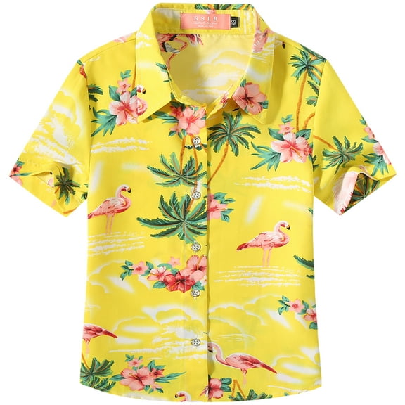 SSLR Youth Big Girls Flamingo Hawaiian Shirt Casual Short Sleeve Button Down Shirt