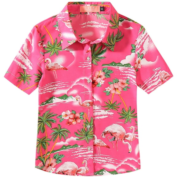 SSLR Youth Big Girls Flamingo Hawaiian Shirt Casual Short Sleeve Button Down Shirt