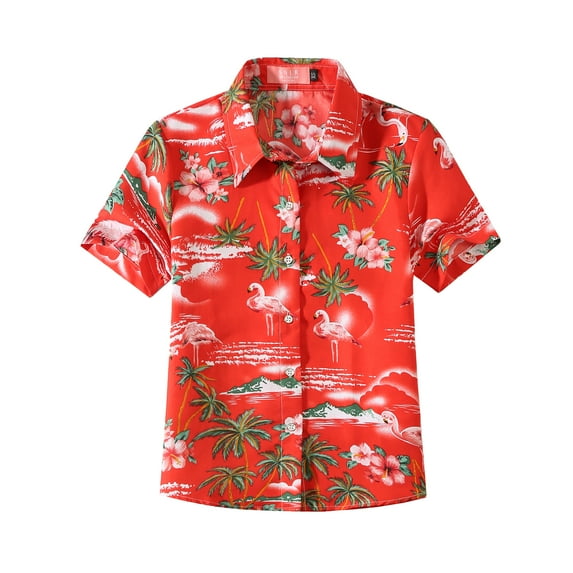 SSLR Youth Big Girls Flamingo Hawaiian Shirt Casual Short Sleeve Button Down Shirt