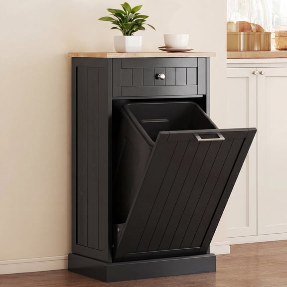 SSLZ 10 Gallon Tilt Out Trash Cabinet, Wooden Hidden Trash Can with Storage Drawer for Kitchen, Laundry Hamper Cabinet for Bathroom, Black