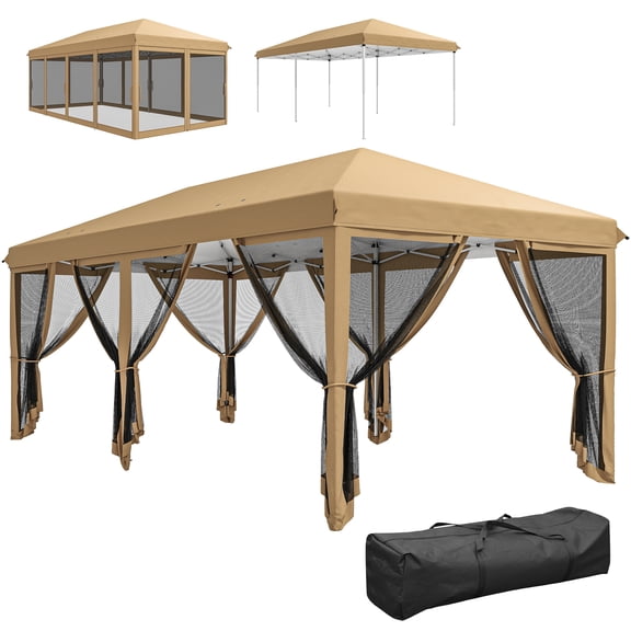 SSLZ 10' x 20' Pop Up Canopy Tent with Netting, Heavy Duty Instant Sun Shelter, Large Tents for Parties with Carry Bag for Outdoor, Garden, Patio, Beige