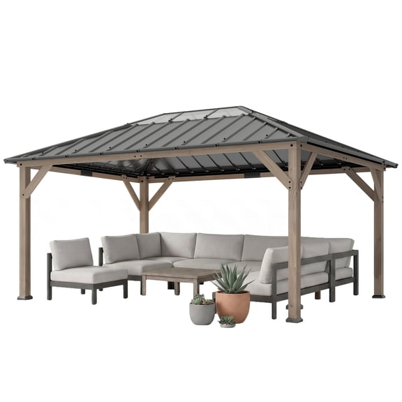 SSLZ 12' x 16' Hardtop Gazebo with Galvanized Steel Roof, UPF50+ Wood Permanent Pavilion with Clear Roof Top, Light Walnut