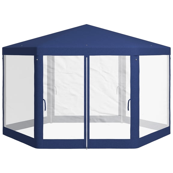 SSLZ 13' x 11' Outdoor Party Tent, Hexagon Sun Shade Shelter Canopy w/ Protective Mesh Screen Sidewalls, Ropes & Stakes, Blue