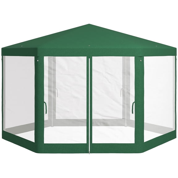 SSLZ 13' x 11' Outdoor Party Tent, Hexagon Sun Shade Shelter Canopy w/ Protective Mesh Sidewalls, Ropes & Stakes, Green
