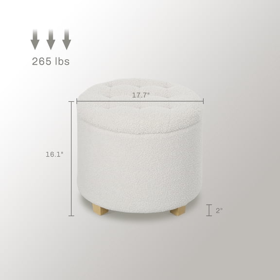SSLZ 18" Ottoman Stool White Round with Storage, Teddy Fleece Button Tufted Foot Lid, Wood Legs for Living Room Hallway,