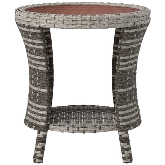 SSLZ 18" Wicker Outdoor Coffee Table, PE Rattan Patio Side Table with 2-Tier Storage, Composite Wood Top, Mixed Gray