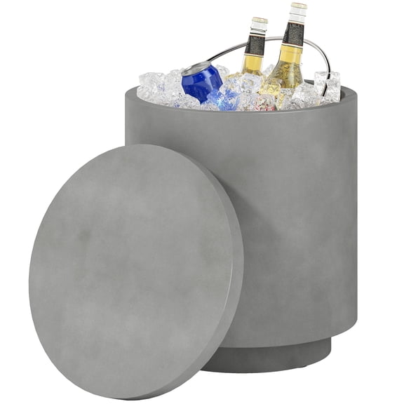 SSLZ 2.6 Gal Outdoor Side Table, 3-In-1 Concrete Cooler Bar Table with Storage, Removable Ice Bucket and Lid, Gray