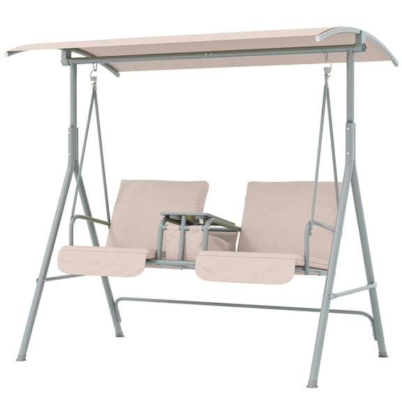 SSLZ 2-Seater Outdoor Porch Swing with Canopy and Table, Patio Swing Chair for Garden, Poolside, Backyard, Beige