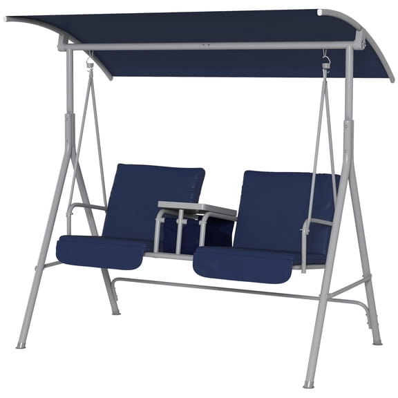 SSLZ 2-Seater Outdoor Porch Swing with Canopy and Table, Patio Swing Chair for Garden, Poolside, Backyard, Dark Blue