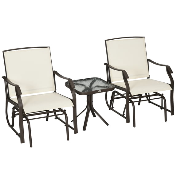 SSLZ 3 Piece Outdoor Glider Chair with Coffee Table Bistro Set, 2 Patio Rocking Swing Chairs with Breathable Sling Fabric, Glass Tabletop, for Backyard, Garden and Porch, Cream White