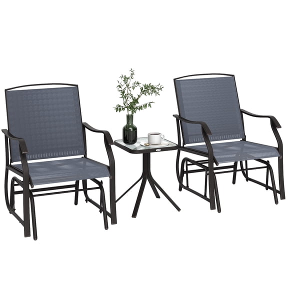 SSLZ 3 Piece Outdoor Glider Chair with Coffee Table Bistro Set, 2 Patio Rocking Swing Chairs with Breathable Sling Fabric, Glass Tabletop, for Backyard, Garden and Porch, Gray