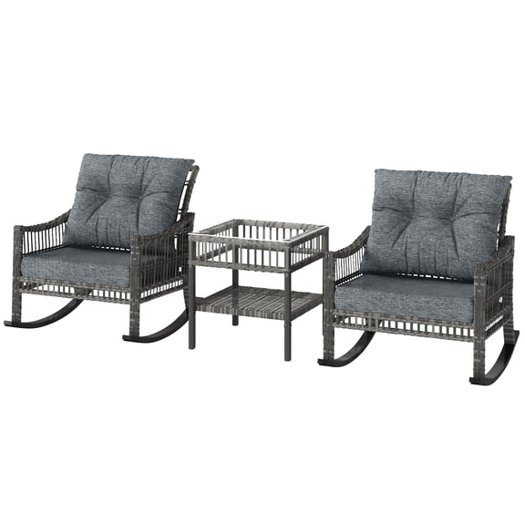 SSLZ 3 Piece Outdoor PE Rattan Rocker Chair Set, Rocking Chair with Tempered Glass Table Top, Gray