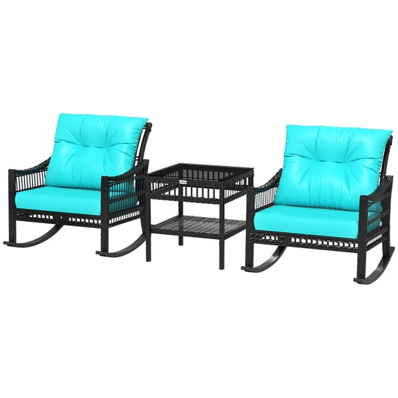 SSLZ 3 Piece Outdoor PE Rattan Rocker Chair Set, Rocking Chair with Tempered Glass Table Top, Turquoise Green