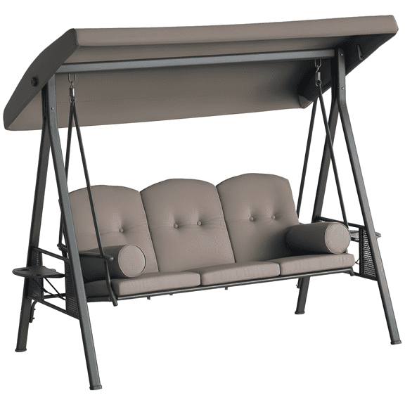 SSLZ 3-Seat Patio Swing Chair, Outdoor Porch Swing Glider with Adjustable Canopy, Removable Cushion, Pillows and Side Trays, for Garden, Poolside, Backyard, Brown