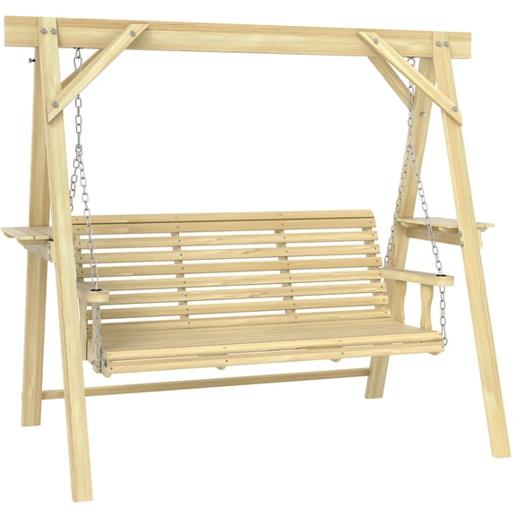 SSLZ 3 Seat Wooden Porch Swing with Stand, Patio Swing with Side Tables, for Garden, Poolside, Backyard, Natural Wood