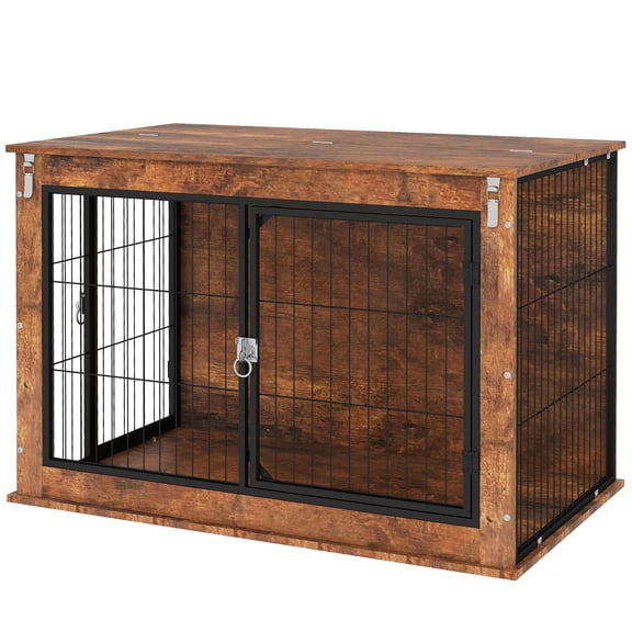 SSLZ 39" Dog Crate Furniture with Flip-up Top Opening, 2 Doors, Dog Kennel Furniture for Large Dogs, Rustic Brown