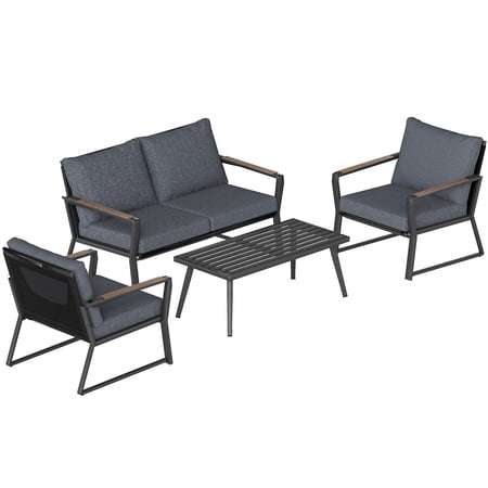SSLZ 4 Piece Patio Furniture Set, Aluminum Conversation Set, Outdoor Garden Sofa Set with Armchairs, Loveseat, Center Coffee Table and Cushions, Dark Grey