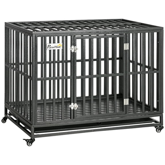 SSLZ 45" Heavy Duty Dog Crate, Escape-Proof Steel Kennel with Wheels, Black