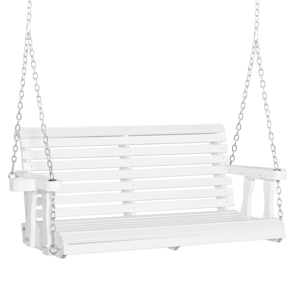SSLZ 46" 2-Person Porch Swing Wooden Patio Swing Bench with Cup Holders, Slatted Design, Chains, 440lb Weight Capacity, White